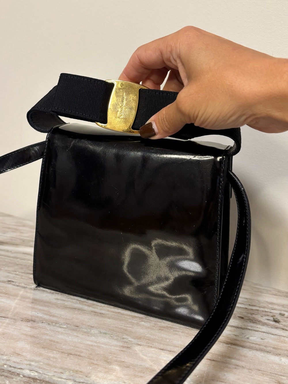 Salvatore Ferragamo Vara Bow Patent Leather Crossbody/Top Handle Bag Black Italy - Picture 10 of 16